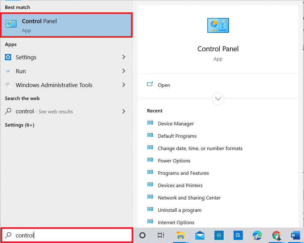 Windowsキーを押します。コントロールパネルと入力して開きます。 MicrosoftTeamsのビデオ通話が機能しない問題を修正