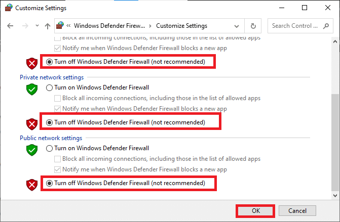 この画面で利用可能な場合は、[Windows Defenderファイアウォールをオフにする（非推奨）]オプションの横にあるチェックボックスをオンにします。