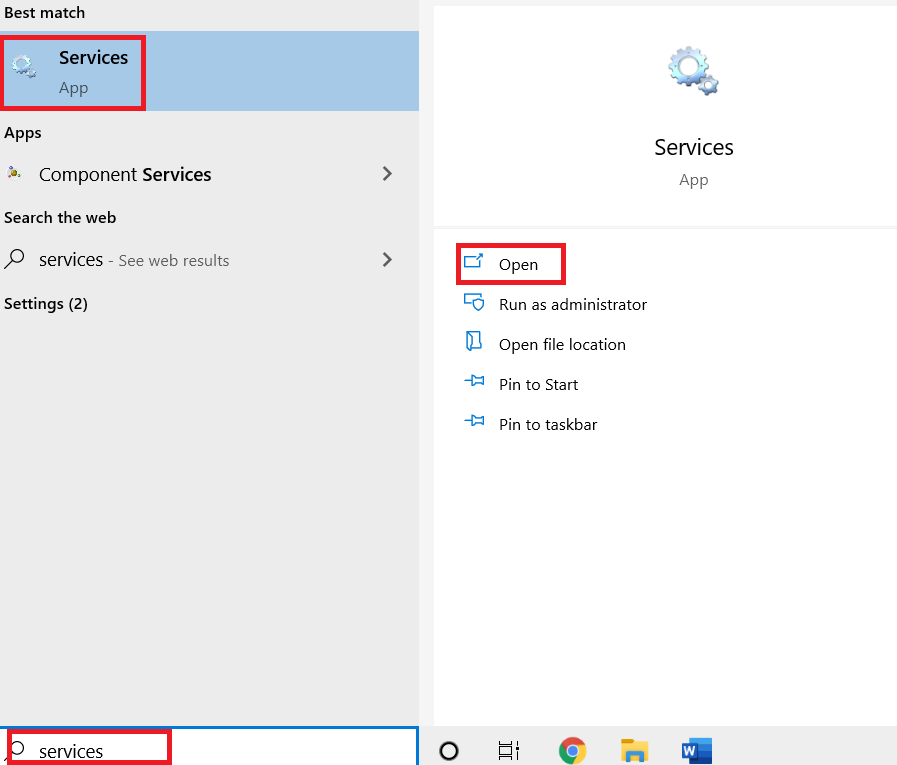 Abra a janela Serviços na caixa de pesquisa do Windows. Corrigir o erro de download do Windows Update 0x800f0984 2H1
