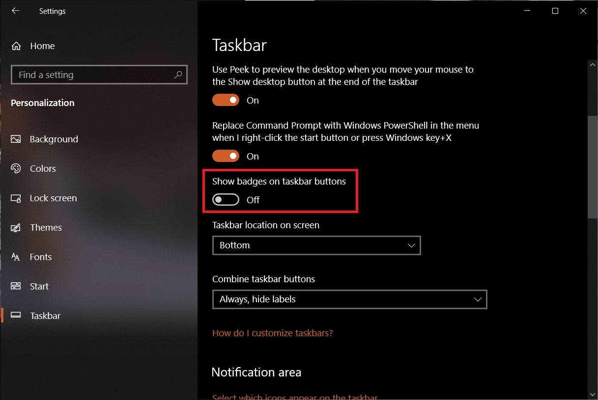 Opção da barra de tarefas em Configurações.