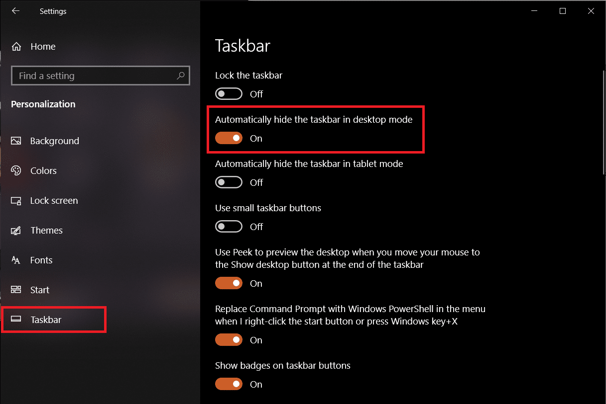 Opção da barra de tarefas em Configurações.