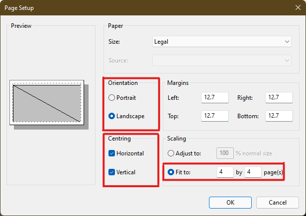 Ajustez et vérifiez les sections Orientation et Centrage selon vos préférences d'image de sortie. Tapez le nombre de pages requises pour que l'image soit fractionnée dans la case d'option Ajuster à sous la section Mise à l'échelle. Comme indiqué ci-dessous, si l'image doit être divisée en 16 images distinctes, tapez 4 par 4 page(s) dans les cases. comment imprimer de grandes images sur plusieurs pages Windows 11