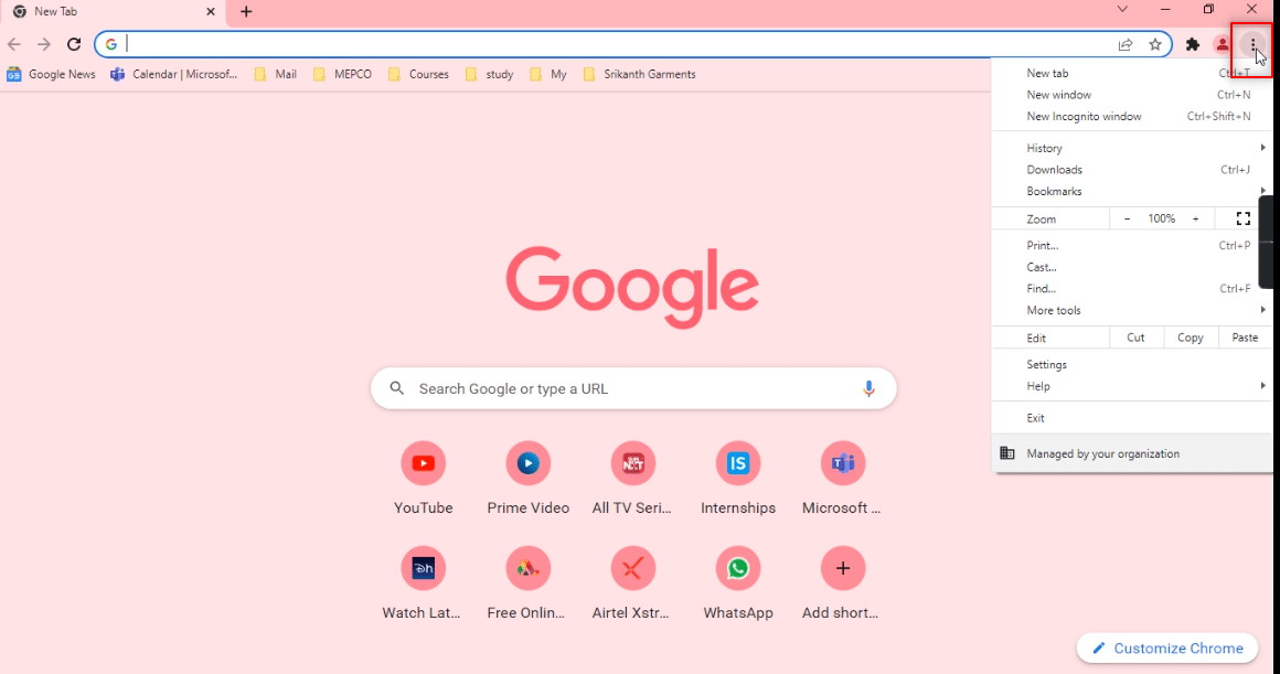 Откройте Google Chrome на своем ПК, найдите три вертикальные точки в правом верхнем углу и нажмите на них.