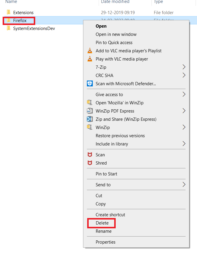 .Haga clic con el botón derecho en la carpeta Firefox y seleccione la opción Eliminar. Cómo reparar el código de error de Netflix UI3012