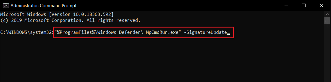 ejecute el comando de actualización de la firma de Windows Defender en cmd o en el símbolo del sistema