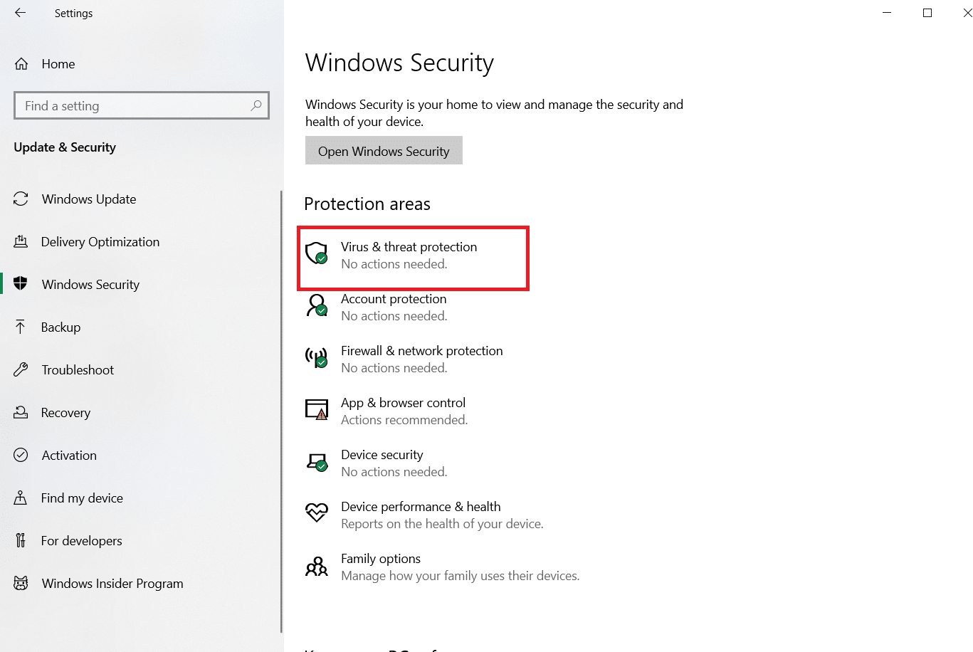 Opción de protección contra virus y amenazas. Cómo realizar la actualización de la definición de Windows Defender