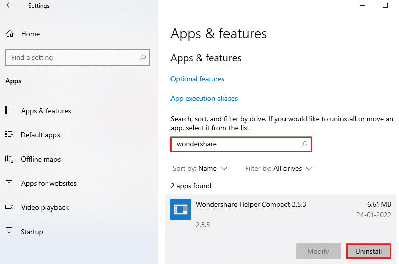 Em seguida, pesquise Wondershare no menu de pesquisa e clique em Desinstalar correspondente ao Wondershare Helper Compact 2.5.3. O que é o Wondershare Helper Compact