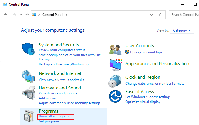 Em seguida, clique em Desinstalar um programa