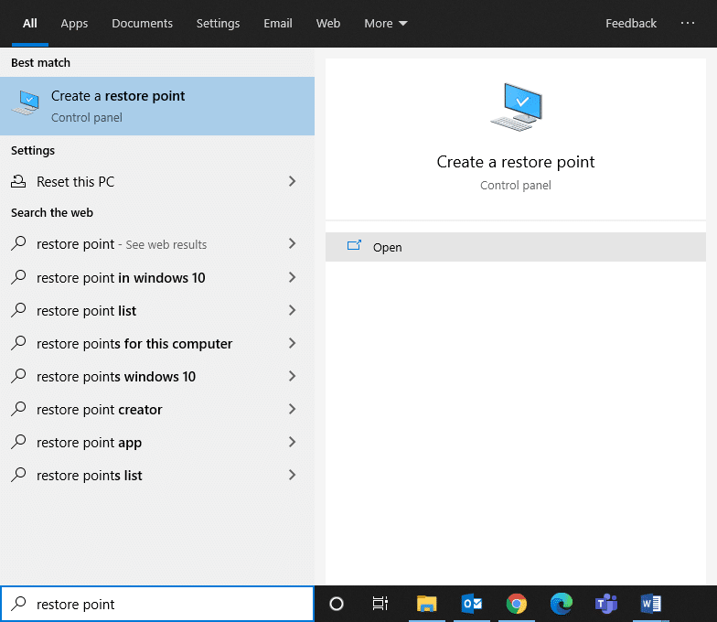 Agora, abra Criar um ponto de restauração a partir dos melhores resultados. O que é o Wondershare Helper Compact