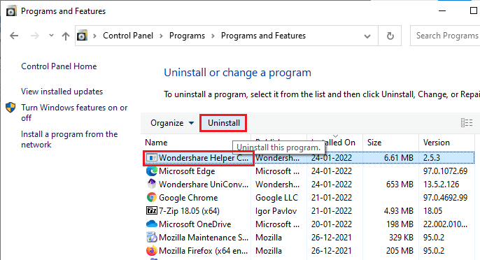 Agora, clique em Wondershare Helper Compact 2.5.3 como mostrado e selecione a opção Desinstalar. O que é o Wondershare Helper Compact