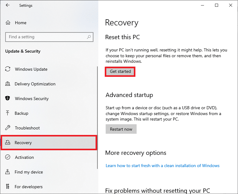 Şimdi, sol bölmeden Kurtarma seçeneğini seçin ve sağ bölmede Başlayın'a tıklayın. Windows 10 0xc004f075 Hatasını Düzeltin