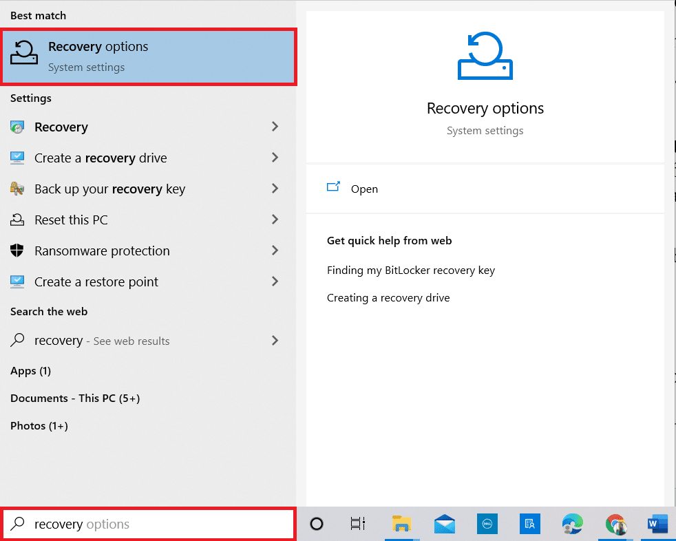Windows tuşuna basın ve gösterildiği gibi Kurtarma seçeneklerini yazın. En iyi sonuçları açın. 0xc004f075'i düzeltin