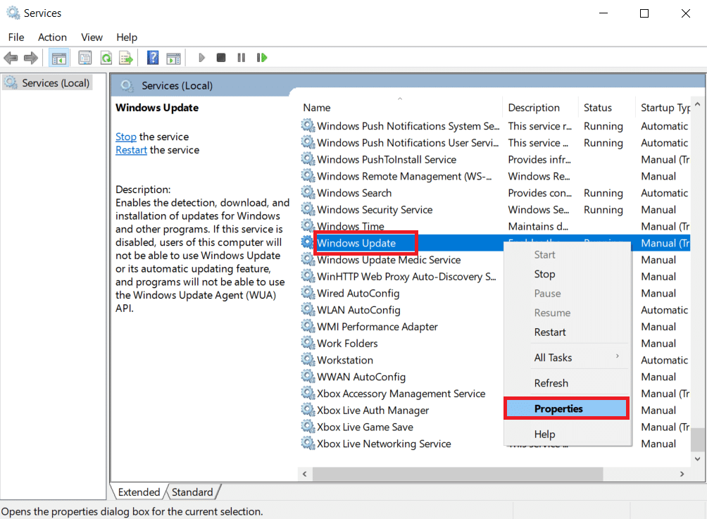 Listede ilerleyin ve Windows Update'e sağ tıklayın. Listeden Özellikler'i seçin. Windows 10 0xc004f075 Hatasını Düzeltin