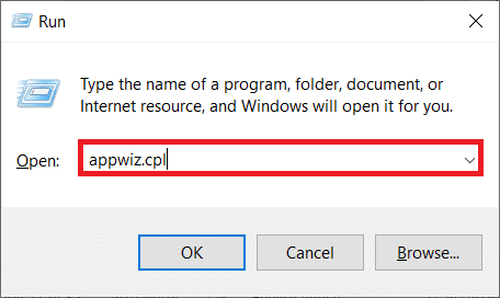 gösterildiği gibi appwiz cpl yazın ve Enter'a basın