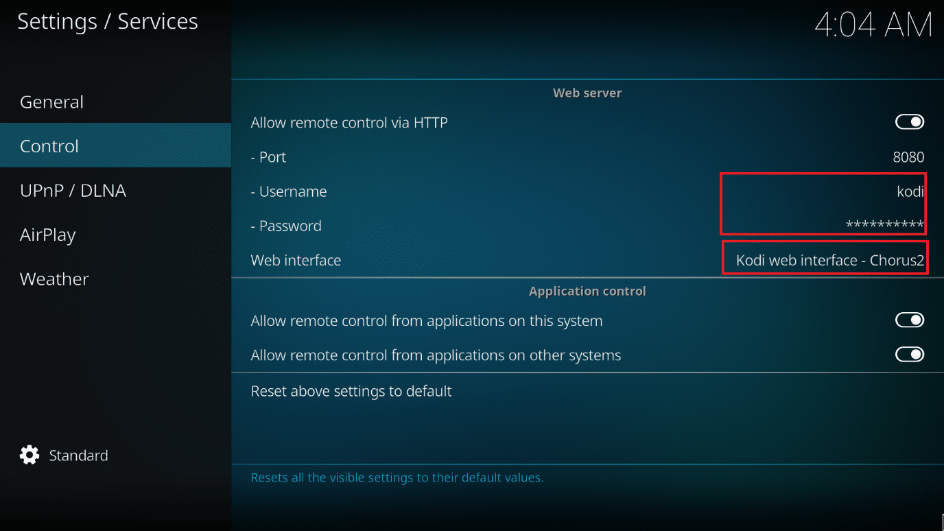 Imposta un nome utente e una password. Assicurati che l'interfaccia web di Kodi Chorus2 sia scelta nella sezione dell'interfaccia web. Come utilizzare l'interfaccia Web di Kodi