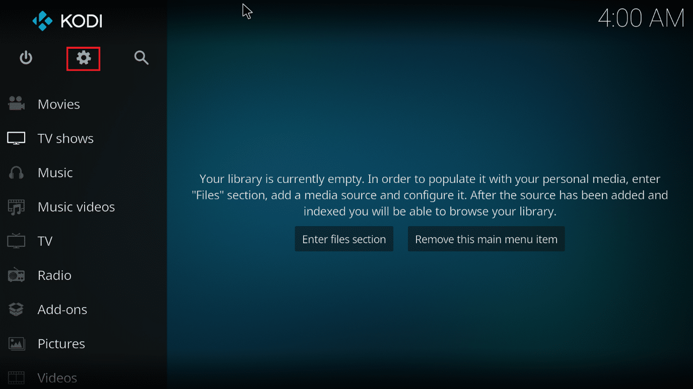 Fare clic sull'icona Impostazioni. Come utilizzare l'interfaccia Web di Kodi