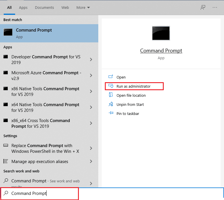 Abra o menu Iniciar, digite Prompt de Comando e clique em Executar como administrador no painel direito. Corrigir o BSOD win32kfull.sys no Windows 10
