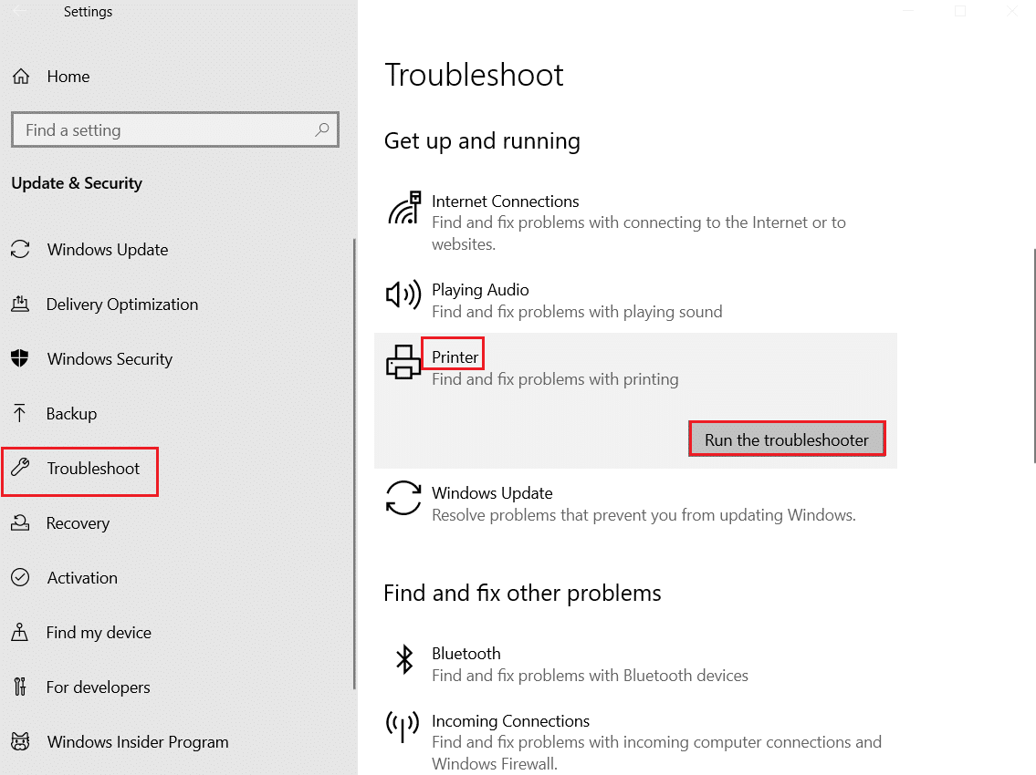execute o solucionador de problemas da impressora. Corrigir o BSOD win32kfull.sys no Windows 10