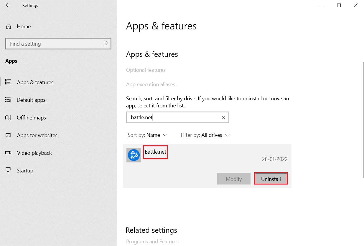 desinstale o blizzard battle.net das configurações de aplicativos e recursos. Corrigir o BSOD win32kfull.sys no Windows 10
