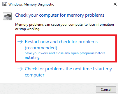 Agora, clique em Reiniciar agora e verifique a opção de problemas recomendados para verificar se há problemas de memória no seu computador.
