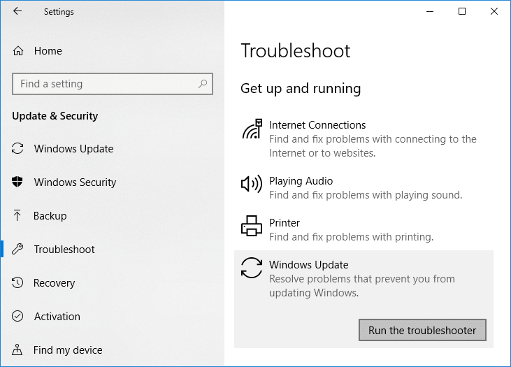 选择疑难解答,然后在启动并运行下单击 Windows 更新