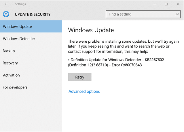 修复 Windows 更新错误 0x80070643