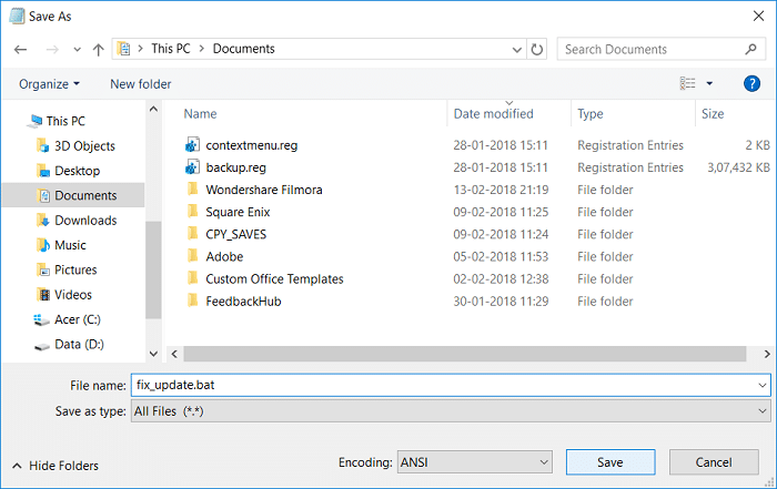 从保存类型中选择所有文件并将文件命名为 fix_update.bat,然后单击保存