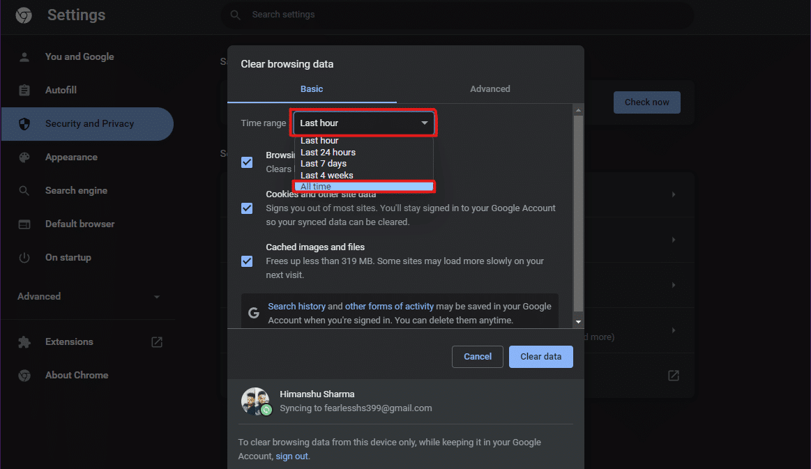 Clique no menu suspenso Intervalo de tempo e escolha a opção Todo o tempo | Como limpar o cache no Windows 11