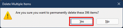 Confirme o processo de exclusão clicando em Sim no prompt de exclusão | Como limpar o cache no Windows 11