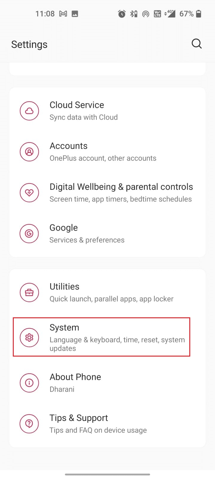 Agora, toque na opção Sistema na janela Configurações.