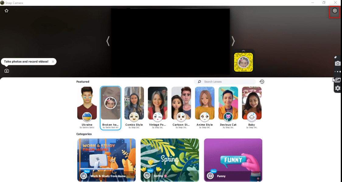 Cliquez sur Paramètres en haut à droite de l'application Snap Camera. Fix Snap Camera Aucune erreur d'entrée de caméra disponible