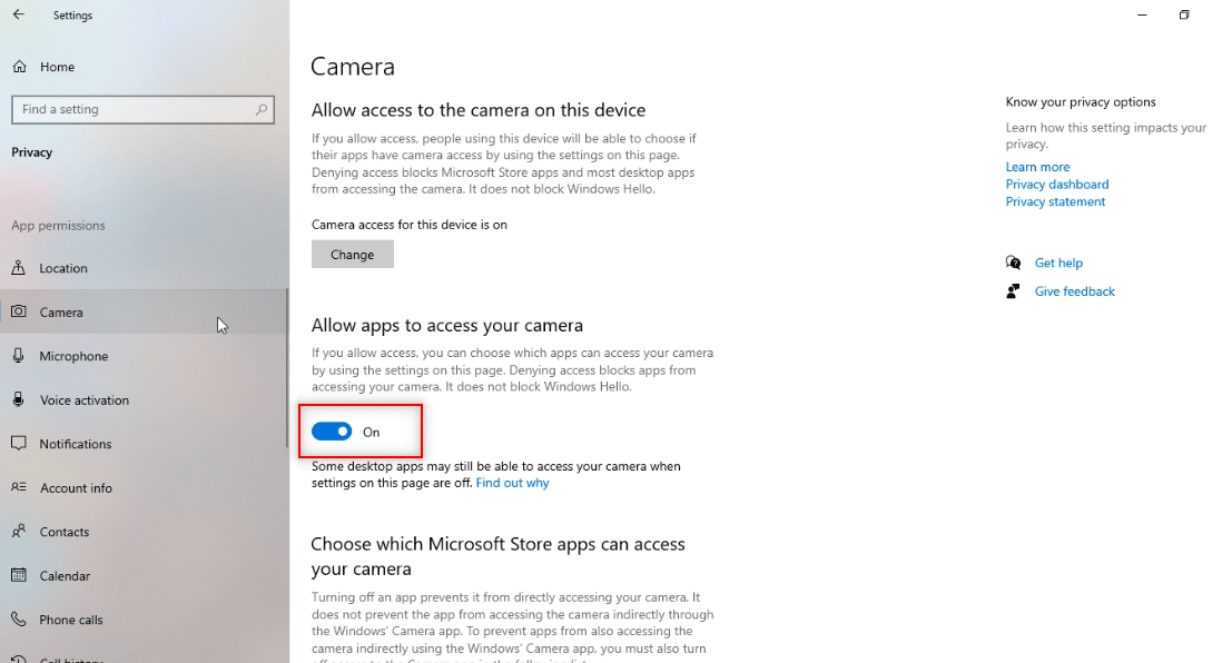 Activez l'option Autoriser les applications à accéder à votre caméra. Fix Snap Camera Aucune erreur d'entrée de caméra disponible
