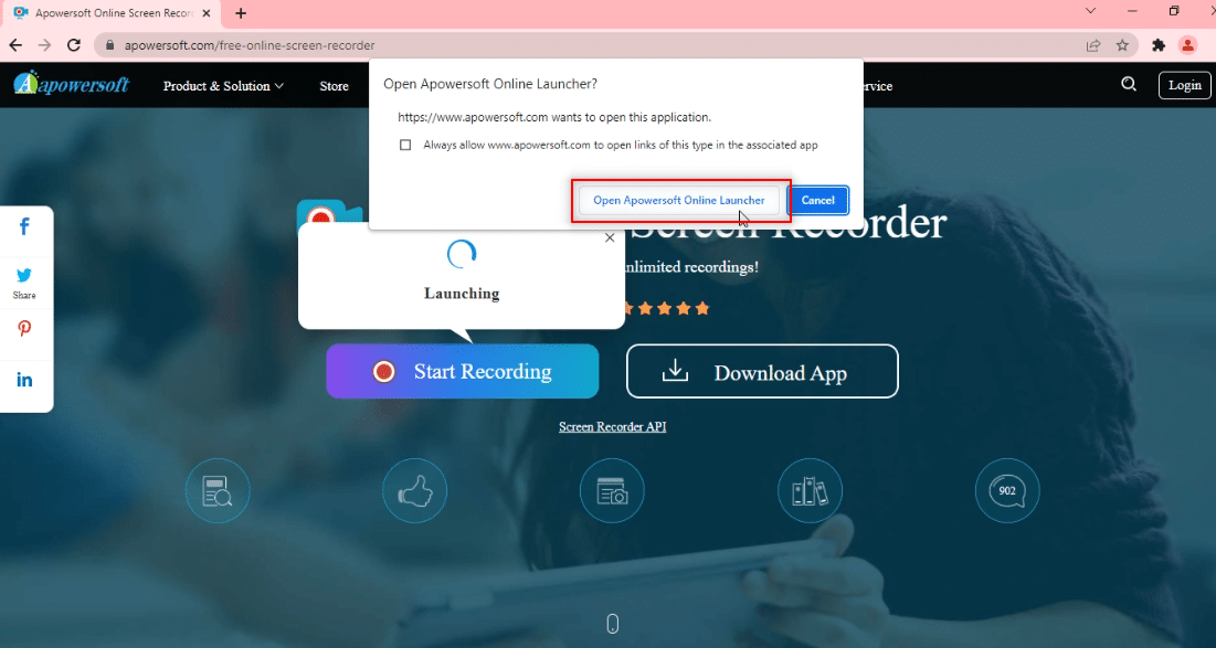 Klicken Sie auf die Schaltfläche Apowersoft Online Launcher öffnen