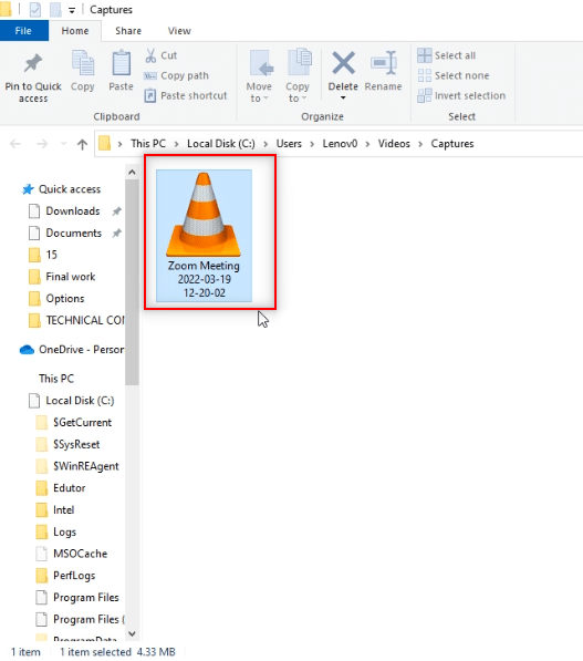 Datei, die im Ordner „Captures“ im Ordner „Videos“ gespeichert ist