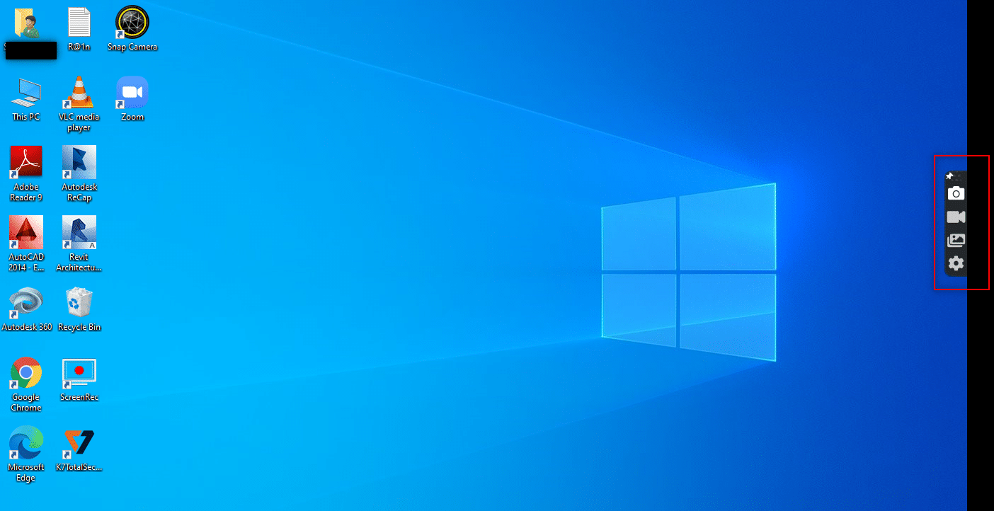 Die ScreenRec-App-Leiste ist an der rechten Seite Ihres Bildschirms angeheftet. So zeichnen Sie ein Zoom-Meeting ohne Erlaubnis in Windows 10 auf