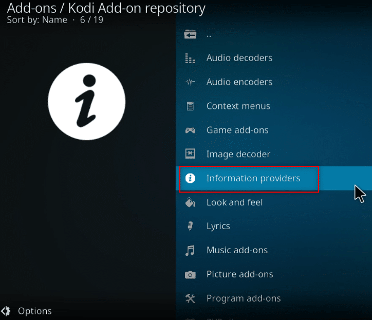 มองหาผู้ให้บริการข้อมูลในรายการและคลิกที่มัน วิธีเพิ่ม IMDB บน ​​Kodi