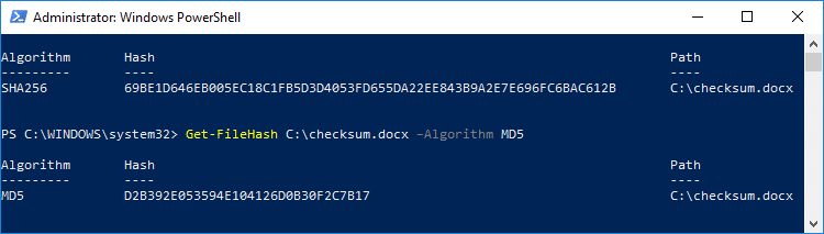 También puede calcular el hash de suma de comprobación para el algoritmo MD5 o SHA1
