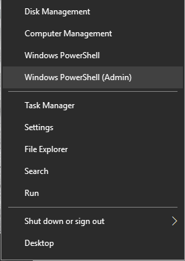 Abra Windows PowerShell elevado en el menú Win + X