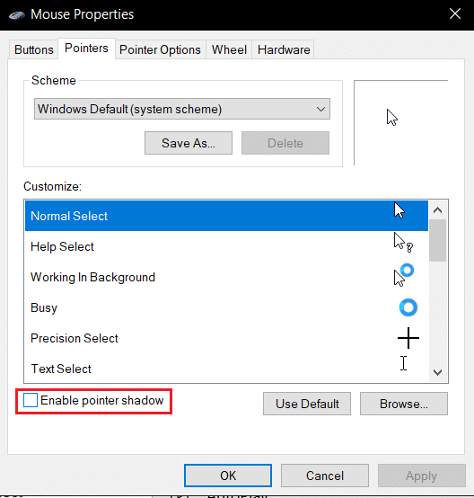 abilita l'ombra del puntatore nella scheda dei puntatori delle impostazioni del mouse. Correggi il ritardo del mouse Bluetooth di Windows 10