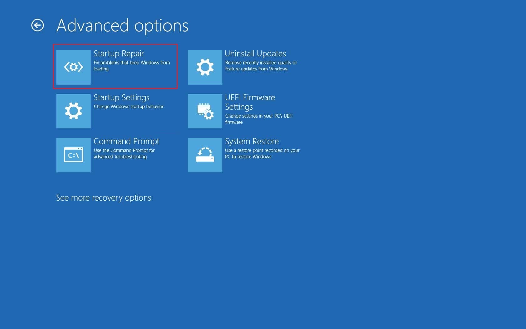 시동 복구 옵션. Windows 10에서 WDF_VIOLATION 오류를 수정하는 방법