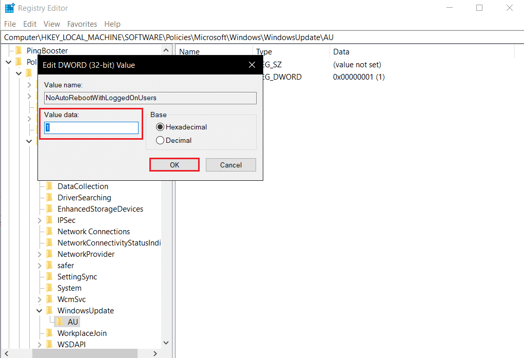 définir les données de valeur de clé NoAutoRebootWithLoggedOnUsers sur 1 dans l'éditeur de registre Modifier la valeur Dword