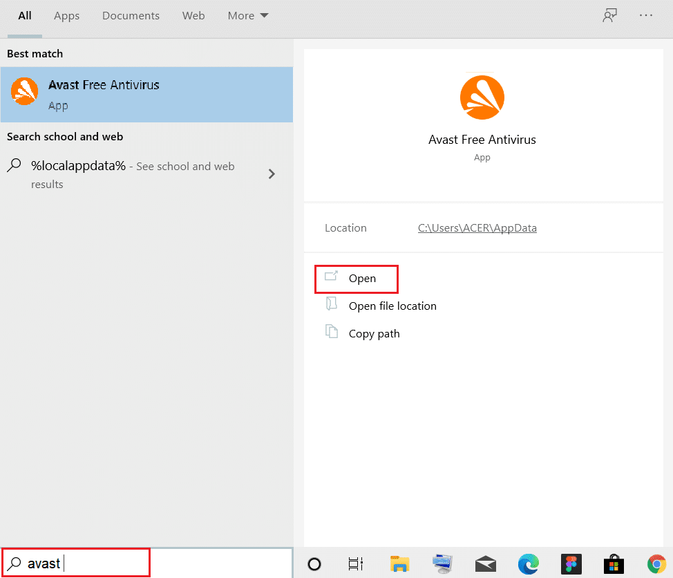 tapez avast et cliquez sur ouvrir dans la barre de recherche de windows.