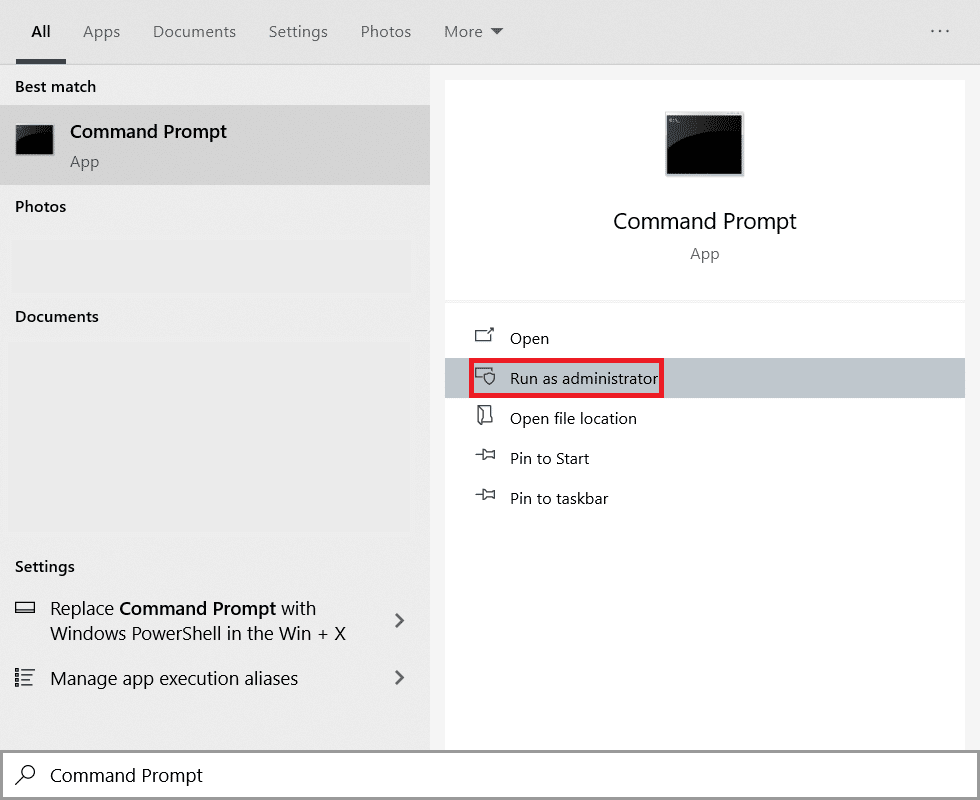 Faceți clic pe Start și tastați Command Prompt și faceți clic pe Run as Administrator