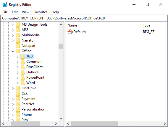 导航到注册表中的 Microsoft Office 键,然后选择 MS word 版本