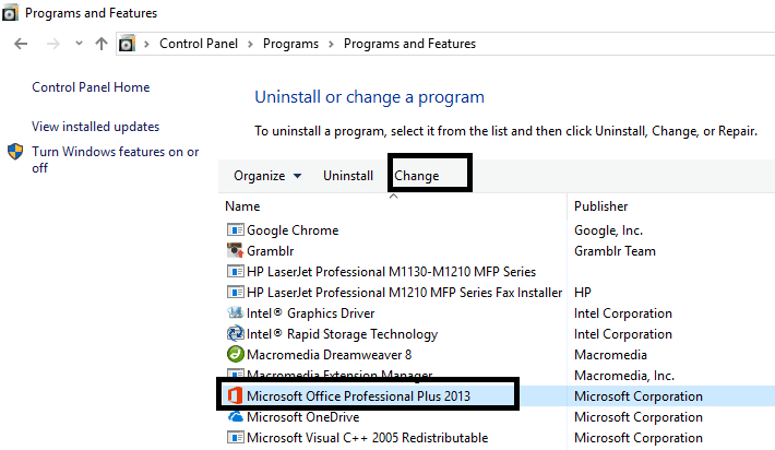 选择 Microsoft Office 并单击更改选项