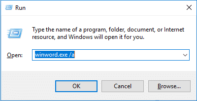 按 Windows 键 + R 然后键入 winword.exe a 并按 Enter 打开 MS Word