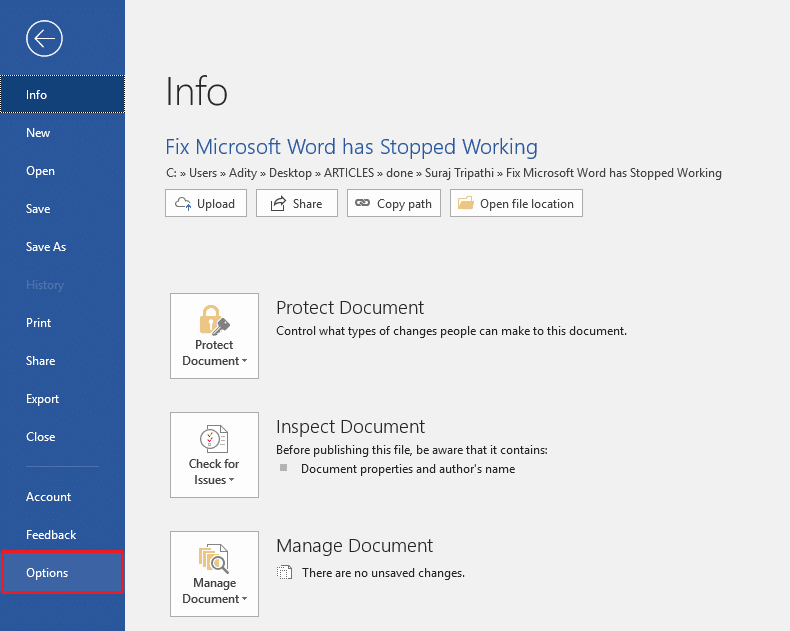 单击文件,然后选择 MS Word 下的选项