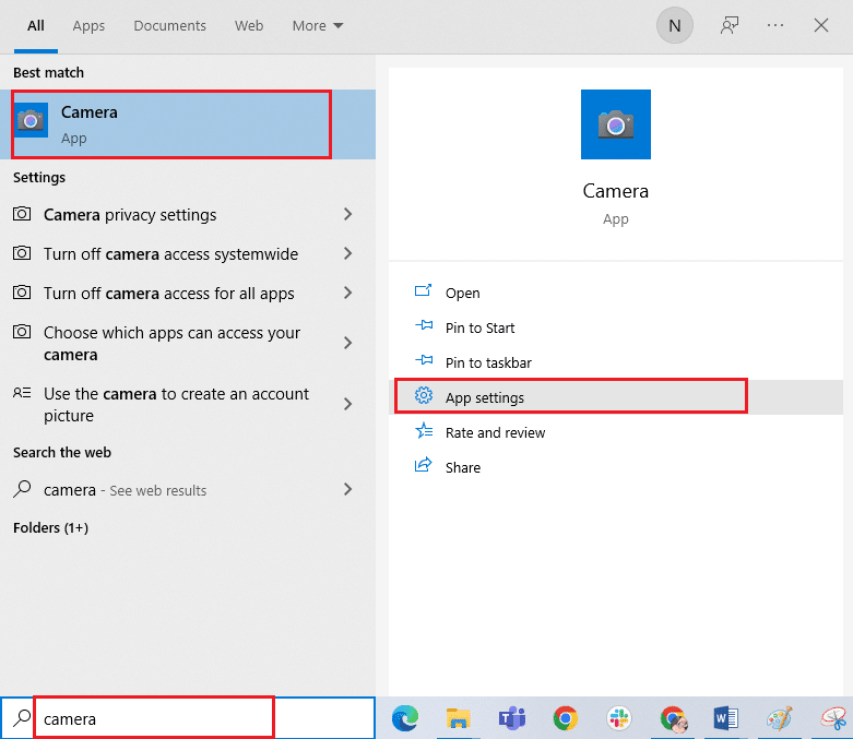 Escriba Cámara en el menú de búsqueda y haga clic en Configuración de la aplicación como se muestra