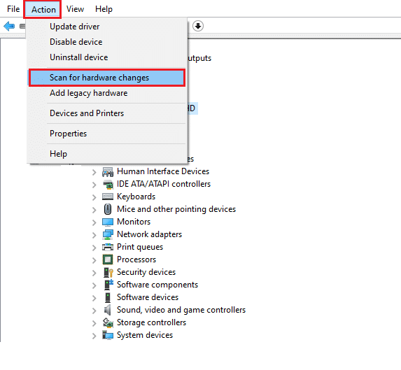 Ahora, cambie a la pestaña Acción y seleccione la opción Buscar cambios de hardware