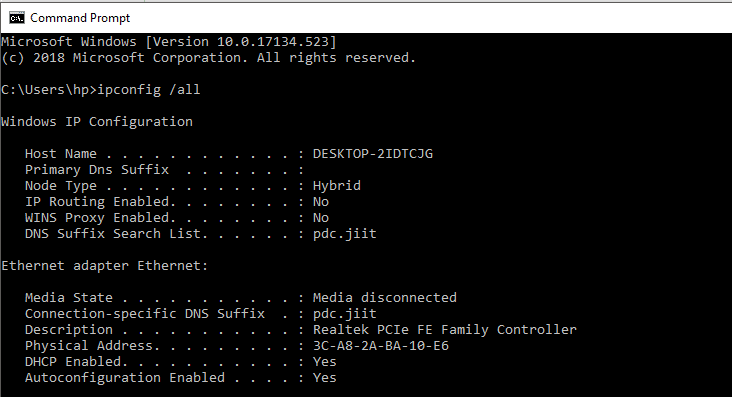 在 cmd 中使用 ipconfig /all 命令